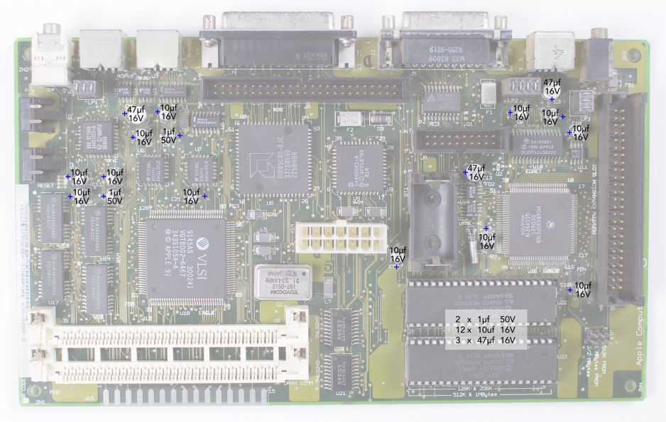 Macintosh Classic II (Rev B) Logic Board Recap Diagram