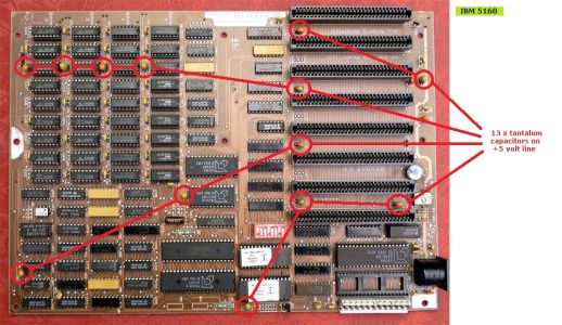 The thirteen +5 V tantalum capacitors (minuszerodegrees.net)